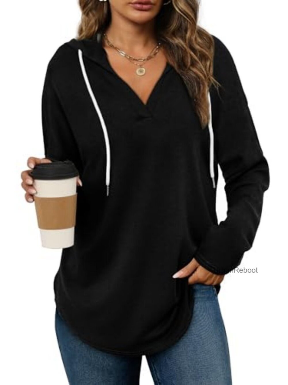 Womens Oversized Pullover Hoodie V-Neck Long Sleeve Loose Fit Sweatshirt